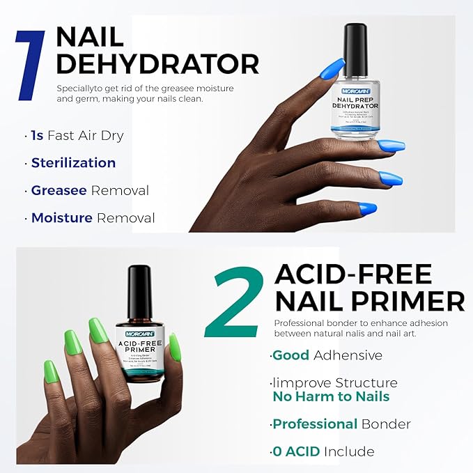 Morovan Nail Dehydrator and Primer with Gel Base & Top Coat Set 4PCS Professional Fast Dry Acid Free Supplies Primer for Acrylic & Gel Nail Polish Gifts