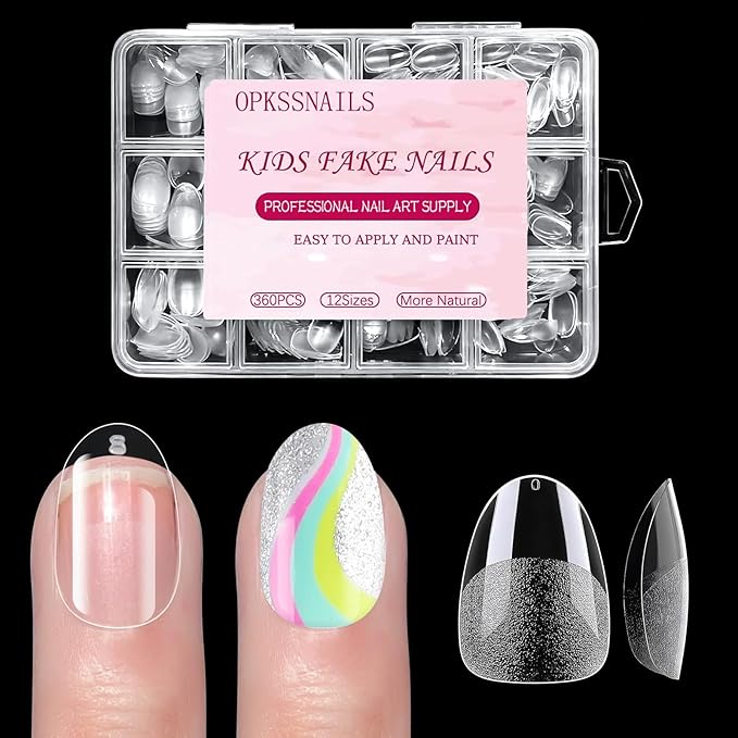 Short Kid Nail Tips,360Pcs Almond Soft Gel Nail Tips Pre-Shaped Press On Nails For Kids,Clear Acrylic Half Matte Full Cover Fake Nail For Kids DIY Extension & Salon Use12 Sizes