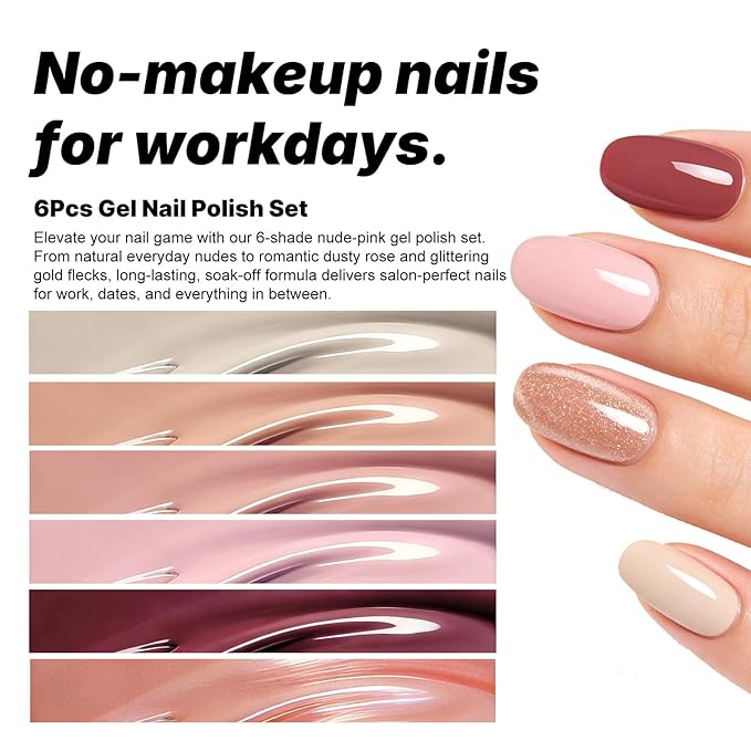 JR Gel Nail Polish Set, 16ml Full Size Bottle 6 Colors Nude Brown Pink 9D Cateye Glitter Nail Gel Polish Gift Soak Off Led Nail Art Kit Salon DIY Colorful Bottle B