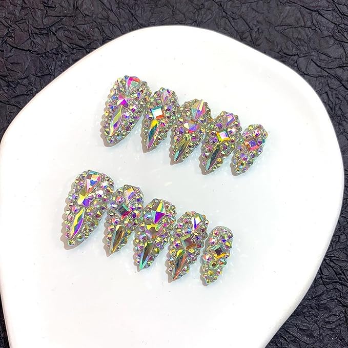 Handmade Press on Nails Luxury Reusable Fake Nails Medium Almond Stick on Nail Full 3D Colorful Diamonds Rhinestone Art Design Thicked Unique Acrylic Nail Manicure Kit for Women (M)