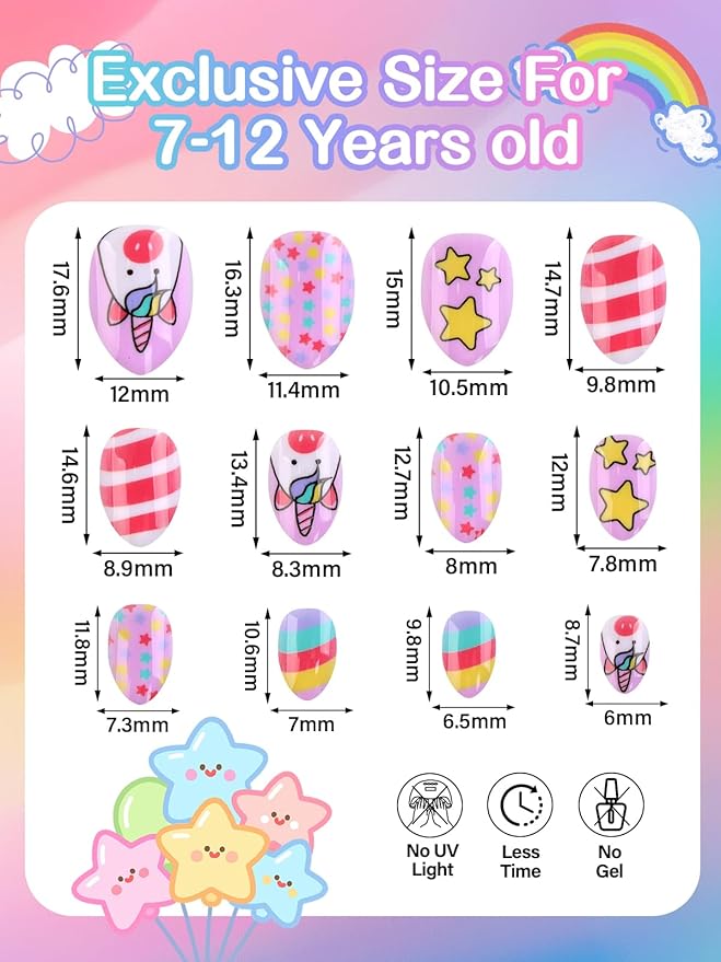 EBANKU Kid Press on Nails, 72Pcs Almond Fake Nails Kit Full Cover Colorful Cute Patterns Design Acrylic Nails with Nail Glue for Girl Home Party