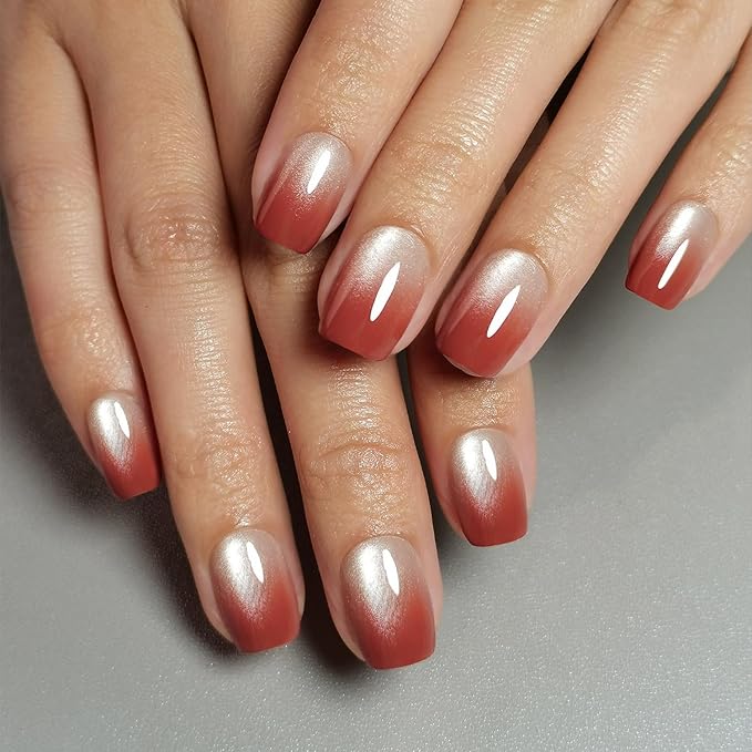 30 Pcs Soft Gel Press on Nails Short Square Shaped Fake Nails Luxurious Red Cats Eyes Gradient Designs Full Cover Thickened Stick on Nails Glossy Acrylic False Nails with Glue for Women Manicure
