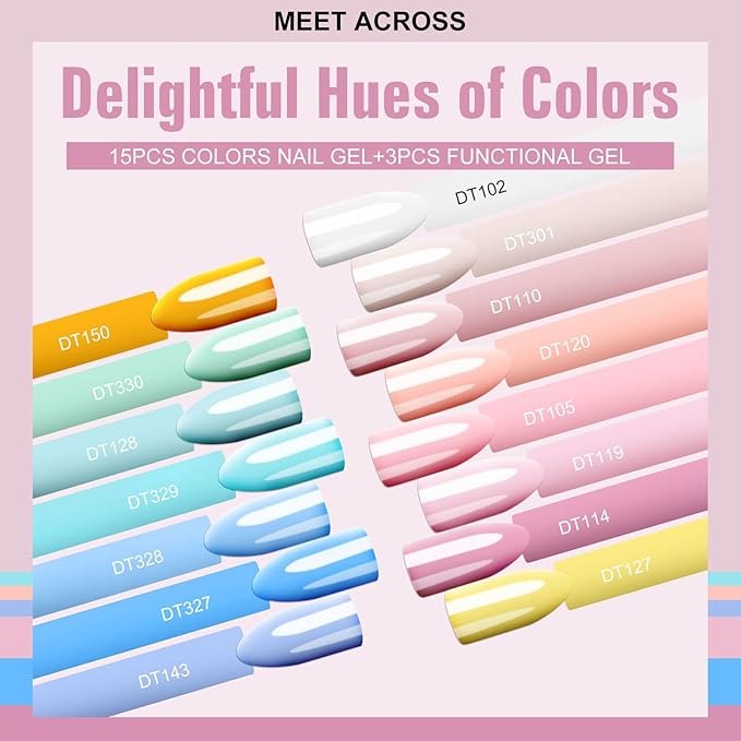 MEET ACROSS 18PCS Nude Gel Nail Polish Set Macaron Gel Polish Kit Pink Orange Sky Blue Nail Polish Set Spring Summer Gifts for Women 15 Colors