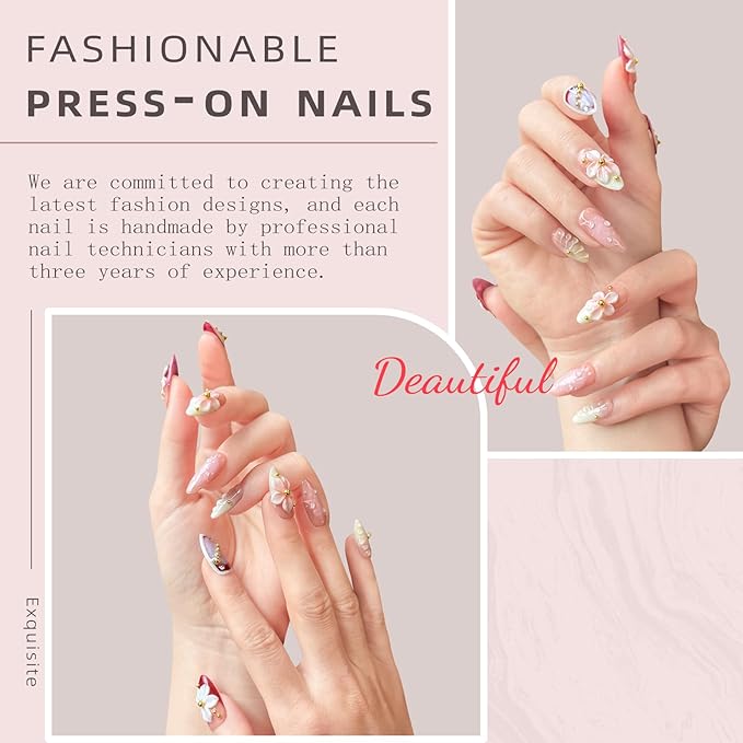 Luxury Press on Nails, Medium Almond 3D Handmade Nails, Reusable French Tip False Nails, Pink Flower Metal, Thick Acrylic ABS Nail Art (10PCS-S)