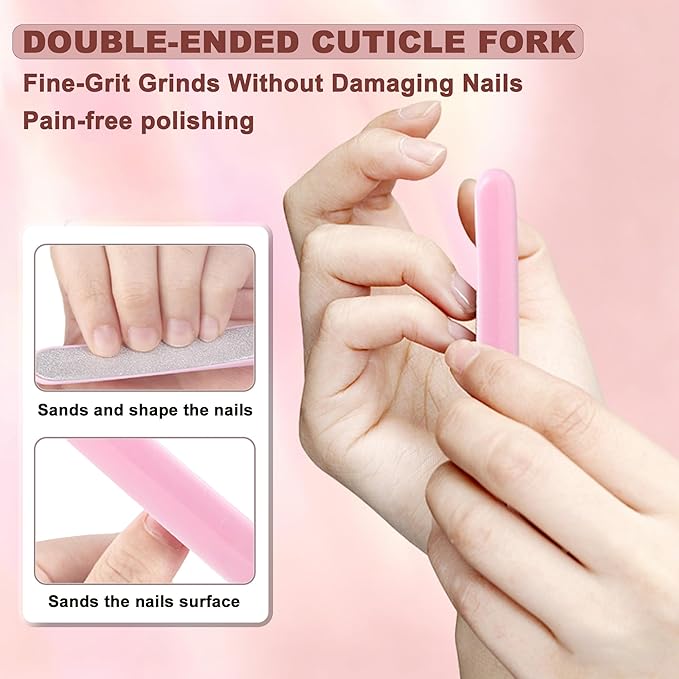 Classic 3Pcs Manicure Set, Gentle Plastic Pusher, Double-ended Cuticle Fork, Sandpaper File, At-Home Mani Essential, Pink
