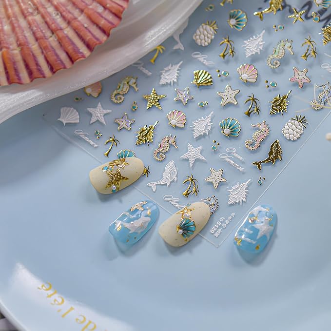 Laser Summer Nail Stickers Gold Starfish Pineapple Nail Art Stickers 3D Self-Adhesive White Dolphin Nail Designs 5D Embossed Ocean Pink Shell Nails Supplies for Women DIY 1 Sheet