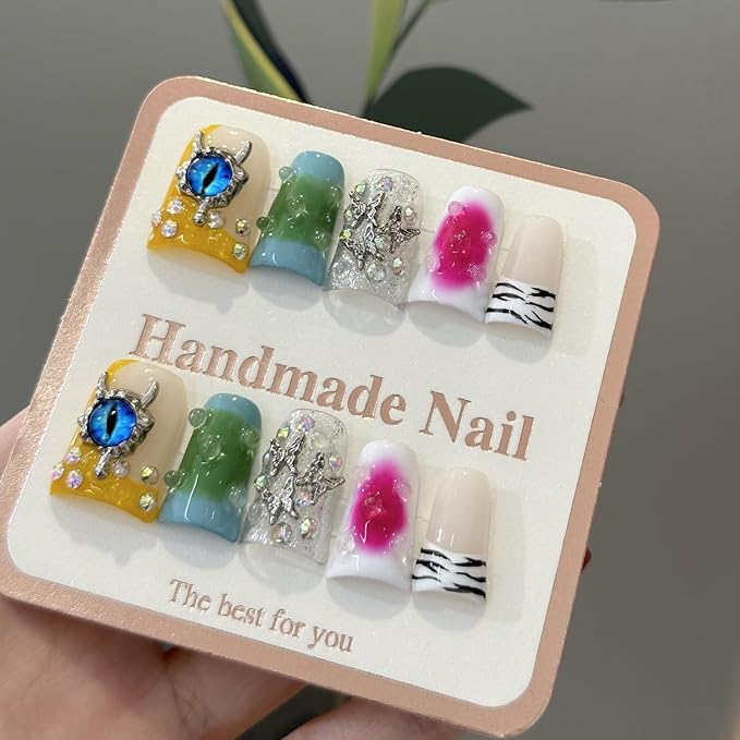 Handmade Press on Nails Luxury Rhinestone Design Medium Duck Fake Nails Eyes Charms False Nails with Glue,Muti-Layer Gel Thick Press ons Nail Reusable Acrylic Nails for Women(Size S)
