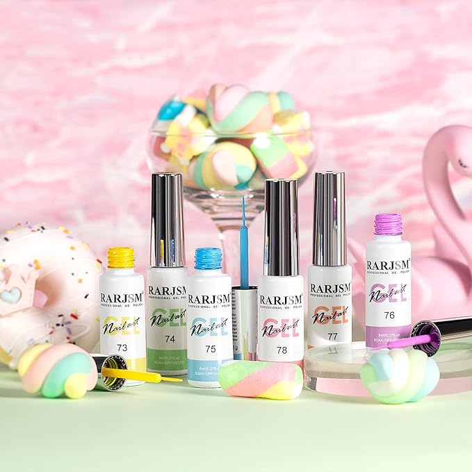 RARJSM Nail Art Liner Gel Polish 6pcs Set Marshmallow Pastel Yellow Green Blue Purple Orange Pink Spring Summer Colors Line Gel Painting for Nail Design Bulid in Thin Brush Curing Requires 8ml