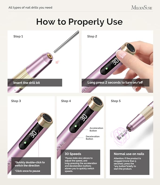 MelodySusie Pen-Shaped Ultra-Slim Cordless Nail Drill,PM180G 30000RPM Portable Rechargeable Electric File with Rotary Lock Design for All Manicure,Shaping & Acrylic Gel Removal for Advanced Home Use