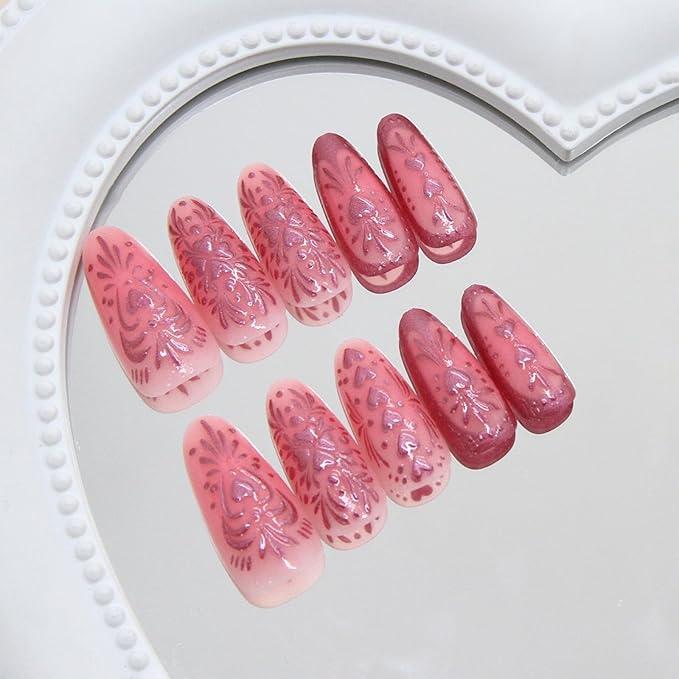 Long Press on Nails Almond Fake Nails Red False Nails Charm Artificial Nails with Hearts and Floral Designs Stick on Nails for Women 24pcs