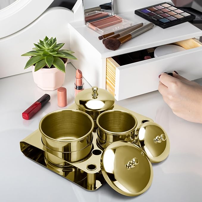Acrylic Liquid Container 3 PCS Stainless Steel Acrylic Liquid Powder Cup with Lids Dappen Dish Nail Powder Holder Container Nail Art Equipment Tools for Nail Design Tools (Gold)