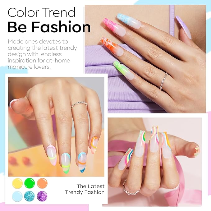 modelones 40 Pcs Gel Nail Polish Set, 36 Colors Rainbow Neon Gel Polish Bright Hot Pink Green Yellow Purple Blue Glitter Nail Gel Polish with Soak Off Base Coat& Matte Glitter Glossy Top Coat