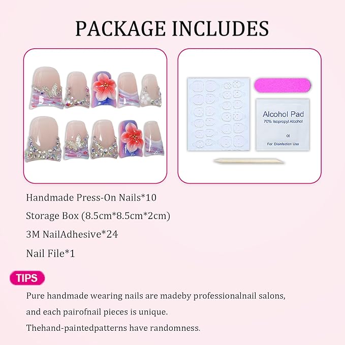 Duck Handmade Press on Nails Colorful Rhinestone & Butterfly Designs 3D Luxury Gradient Flower False Nails Muti-Layer Gel Acrylic Nail Full Cover Short French Tip Fake Nails for Women（S)