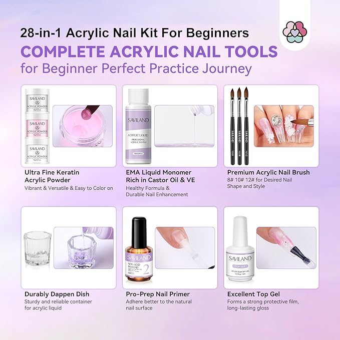 SAVILAND Acrylic Nail Kit with Drill: Nail Kit Acrylic Set with Everything for Beginners Glitter Powder and Liquid Set 100 Nails Tips Home DIY Manicure Salon