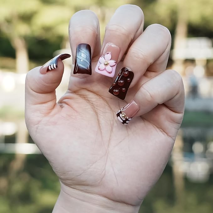 Handmade Duck Press on Nails, 3D Luxury Rhinestone Flower Design French Dark Brown Fake Nails Short Duckbill-shaped False Nails for Women Nail Art DIY (Blush Mauve Flower Waltz,L)