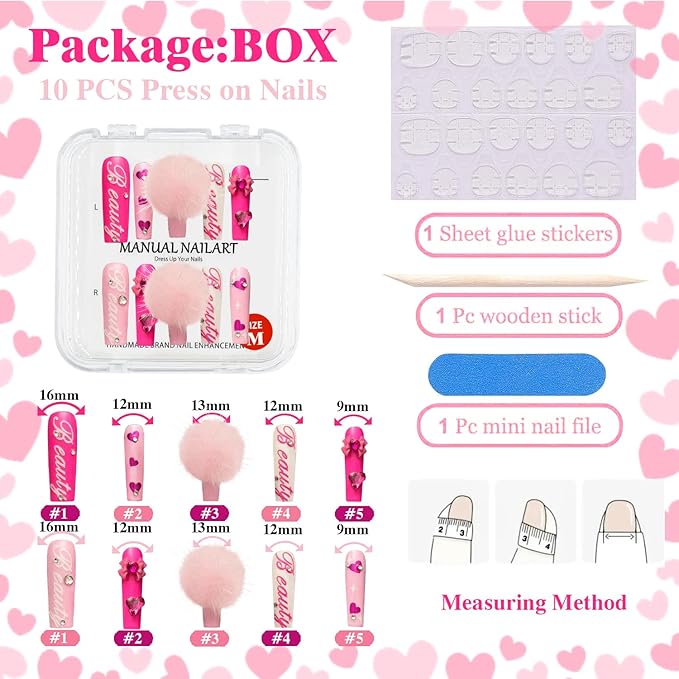 GREENTEA Faux Fur 3D Handmade Press On Nail Long,Nail Pink with Heart and Gem Accents, Colorful Baby with Storage packages 10 Pcs (Pink-M)