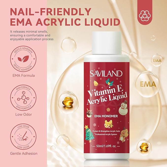 SAVILAND Acrylic Nail Kit : Christmas Nails Kit Acrylic Set EMA Monomer Brush for Long Lasting Nails DIY at Home Beginner Friendly Christmas Gift Set