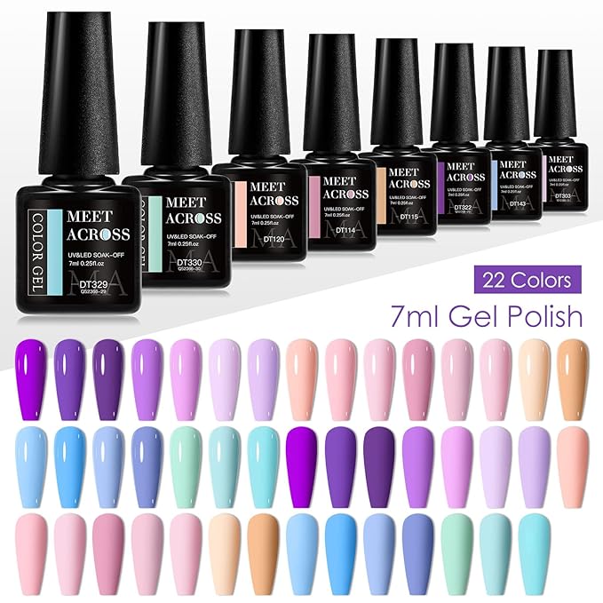 MEET ACROSS 30Pcs Nude Gel Polish 22 Colors Gel Nail Polish Set Pink Purple Sky Blue Bright Series Soak Off UV/LED Manicure Kit for Women