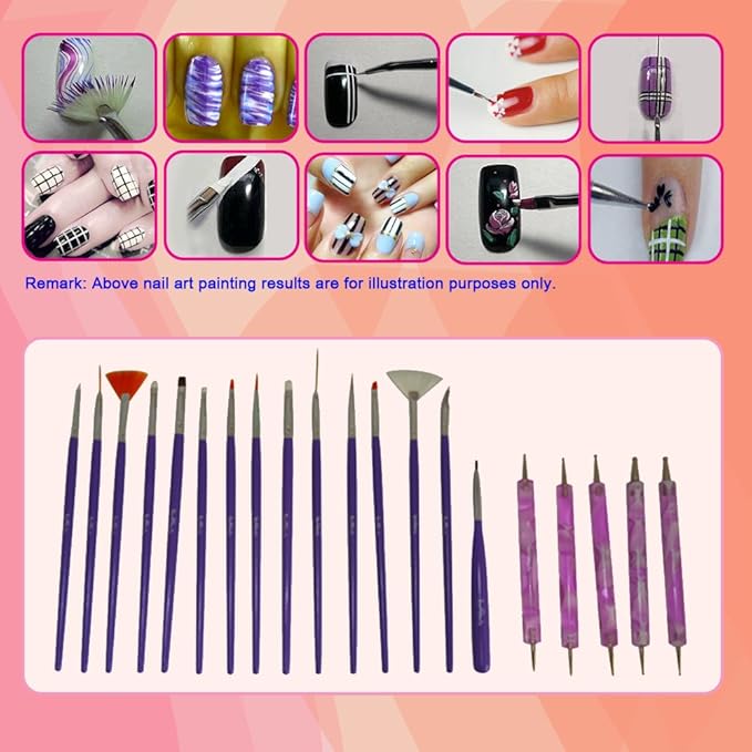 Nail Art Brushes, Dotting Pens Marbling Detailing Painting Striping Tools 20pc Kit Set with Roll-Up Pouch - Best for nail art and facial detailed painting - FREE eBook with Design Idea