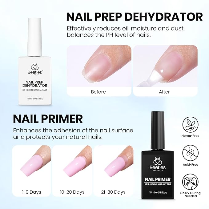 Beetles 4Pcs Top Coat and Base Coat Gel with Nail Dehydrator and Primer Set Acid-Free Hema-Free Nail Bond for Gel Polish Acrylic Nails, Long-Lasting for Professional Manicure Prep Kit
