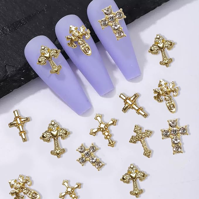 3D Alloy Metal Crystal Cross Nail Charms - 60 Pcs Ideal for Women and Girls' DIY Punk Nail Art, with Rhinestones, Great for Salons & Fashion Events (60, Golden)