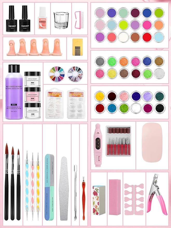 42 Colors Acrylic Nails Kits with Drill and UV Light- Acrylic Nail Powder Glitter and Monomer Liquid Kit with Nail Storage Bag, 5PCS Practice Finger