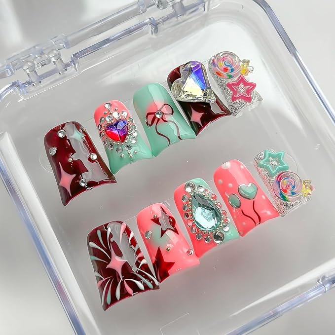 Luxury Press on Nails Short Duck Handmade 3D Unique Reusable ABS Material Fake Nails Pink Cute False Nails with Designs Rhinestones Stars Lollipop Glossy Glue on Nail Thick Acrylic Nail(S)