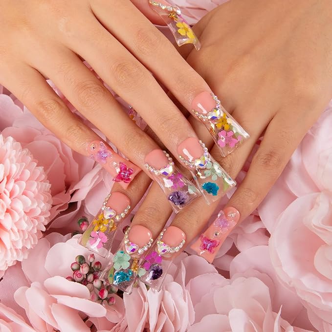 LOVFUL Press on Duck Nails Flora | Salon Quality Handmade Acrylic with Full Covered Crystals | Reusable Fake Nails | Duck Classic Regular 1.3 in | H176-L