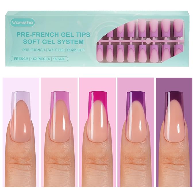 150Pcs French Gel Nail Tips, Vansiho Long Square Nail Tips, Purple Pre-French Tips Press on Nails, Soak Off Soft Gel Acrylic Fake Nails for Nail Art DIY 15 Sizes