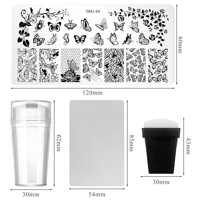 7pc Nail Stamping Plate Kit Butterfly Heart Letter Nails Stamp Plate Leaf Flower Nail Art Template Stencil Fingernail Polish Stamps Plates Set Silicone Stamper Scraper French Tips Nails Design Tools