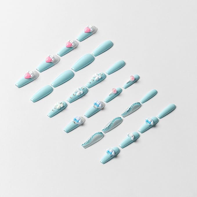 First-Ever 3D Cinnamoroll Coffin Press-On Nails | Luxury Handmade Sanrio Kawaii False Nails with Charms, Gems & 3D Clouds | Full Kit 24pcs for All Ages + Glue & Tabs