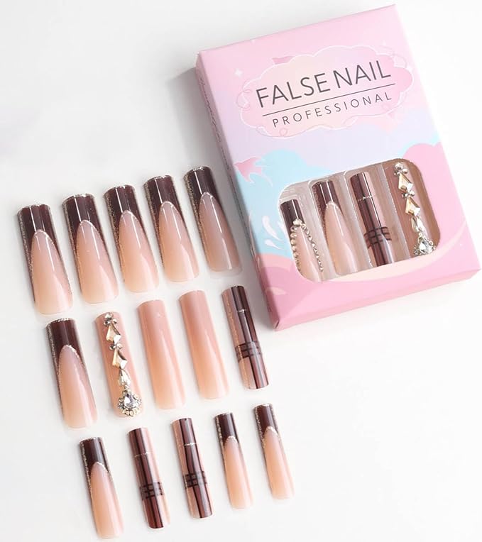 Press on Nails Square - Extra Long Fake Nails with 3D Rhinestones, Brown French Tips Nude False Nail with Glue Sticker, Fall Stick On Nails for Women, 12 Sizes - 24 Nail Kit, Amber Dusk