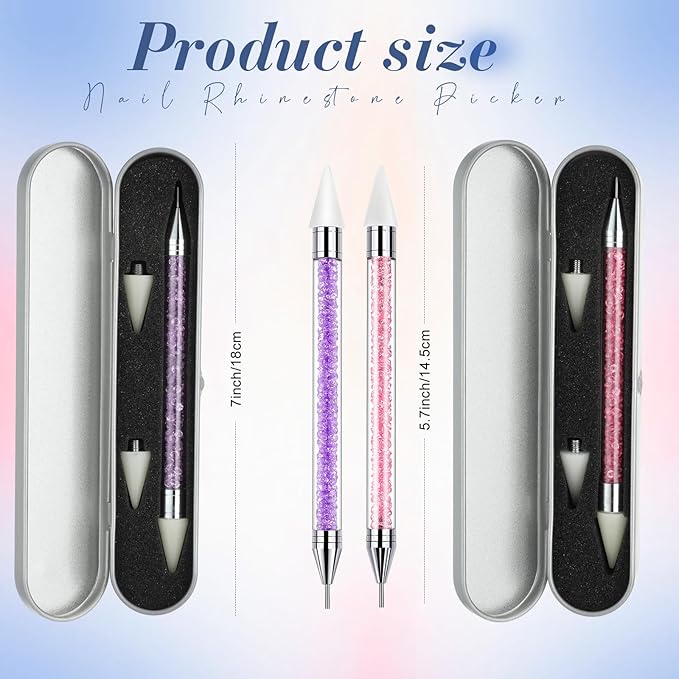2 Pieces Rhinestone Picker Dotting Pen, Dual-ended Rhinestone Gems Crystals Studs Picker Wax Pencil Pen Crystal Beads Handle Manicure Nail Art DIY Decoration Tool (Pink Purple)