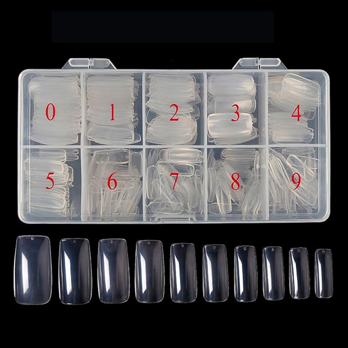 Clear Nail Tips 500pcs Acrylic Full Cover Fake Nails with Storage Case 10 Sizes Long False Nail for Lady Nail Salons and Home DIY Nail Art(Full Cover)