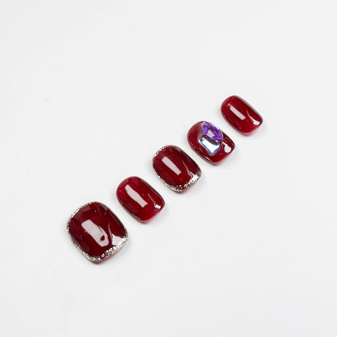 Press on Nails, Short Round Fake Nails Red Rhinestones False Nails Large Pink Press on Nails for Women Girls Nail Art Decoration - Lagre