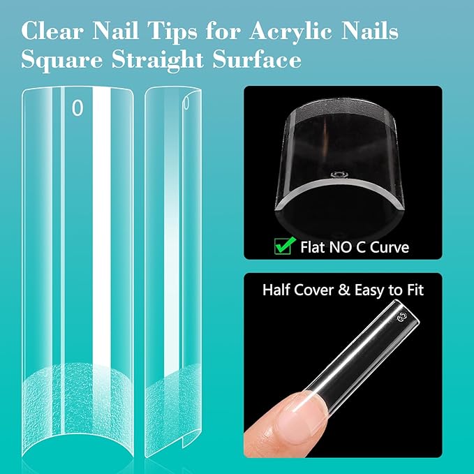 240PCS No C Curve Clear nail tips for Acrylic Nails Professional, XL Extra Long Square Flat, Half Cover Straight Tapered Square French Fake nail tips for Nail Salons Home DIY 12 Sizes