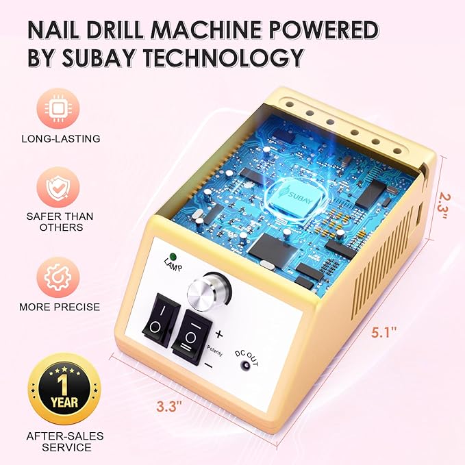 Subay Professional Electric Nail Drill Machine, 30,000RPM Electrical Nail Efile Kit for Acrylic Nails, Gel Nails, Manicure Pedicure Polishing Tools for Professional Salon Use, Golden