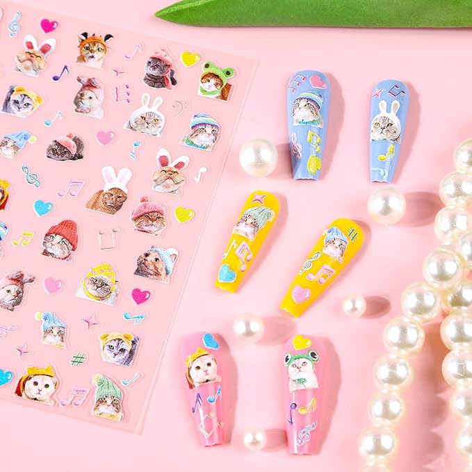 Keluna Cat Nail Art Stickers - 6 Sheets 5D Cute Cat Nail Sticker, Kawaii Animal Nail Decals, Cartoon Paw Print Bow Nail Decal Designs for Women Girls DIY Manicure Decoration Accessories