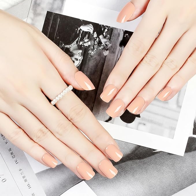 Acrylic Press On Nails Square Short - Nude Peach No Glue Soft Gel Nail Tips for Girls, Flexible Fit Feels Natural for Everyday, Damage & Chip-Free, 24 Nails in 12 Sizes with File