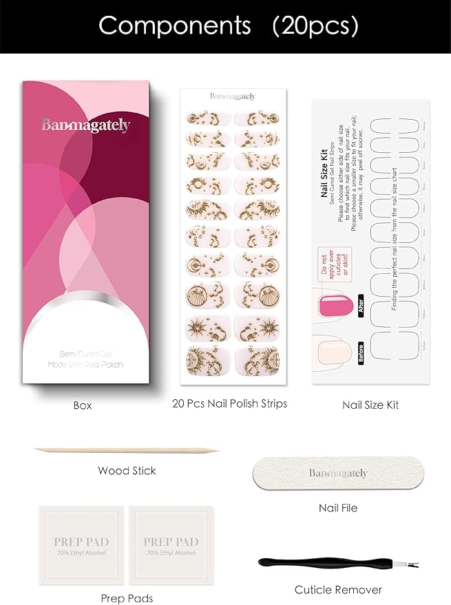 Semi Cured Gel Nail Strips, 20Pcs Long Lasting Salon Quality Wraps, Easy Apply & Remove Gel Nail Stickers with UV Light (Gilded Nude Cosmos)