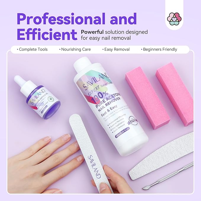 SAVILAND Pure Acetone Nail Polish Remover Kit: 8.45 oz Fingernail Gel Polish Remover Kit with Cuticle Oil, Buffer, Files and Scraper Tools for Quick, Gentle Removal of Acrylic Dip Powder & Gel Nails
