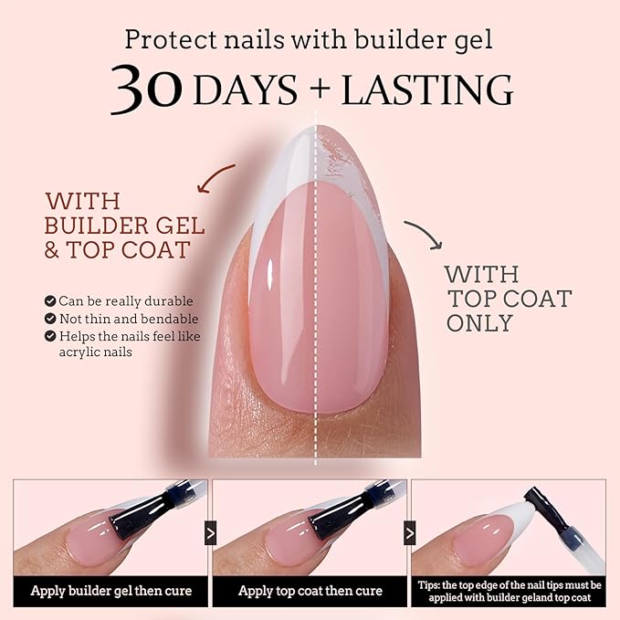 BTArtboxnails XCOATTIPS French Tip Press on Nails - Short Coffin Nail Tips with Nail Gel, Air-Dry Nail Gl ue, French Protecing Duo, Nail Lamp, All in One Soft Gel Fake Nail Gel Extension Kit