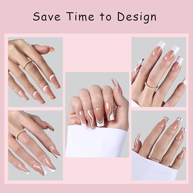 French Tip Press on Nails, 150pcs Square Long Swirl French Gel Nail Tips, Pre-lasting Soak Off Acrylic Fake Nails, No Need to File False Nail Tips Extension for Women Nails, 15Sizes