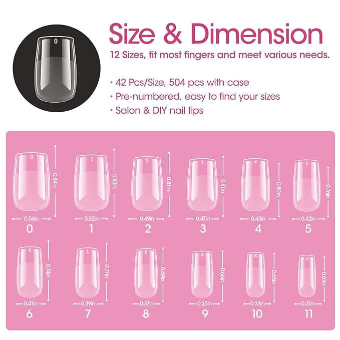 Gellen Short Square Nail Tips, 504Pcs Half Matte Full Cover Nail Tips Pre-shape Gel Nail Tips Acrylic False Press on Nails for Nail Extension Nail Art DIY Salon 12 Sizes