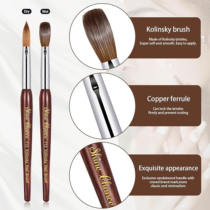 Acrylic Nail Art Brush Size 12, 100% Pure Kolinsky Hair Oval Nail Brush for Acrylic Application, Professional Nail Extension Manicure Tool Striping Nail Drawing Pen for DIY Home