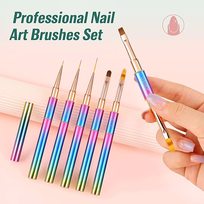 Acrylic Nail Art Brushes Set,5PCS Nail Brushes for Nail Art Round Oval Gel Builder Brush Nail Art Tools Nail Liner Brush,Nail Design Brush for Gel Polish Painting Acrylic Nail Drawing Pens