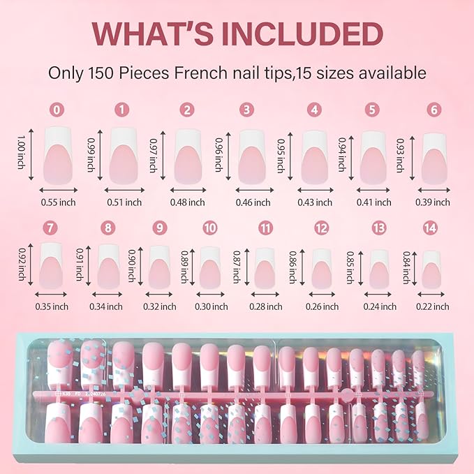 Vansiho Pink French Gel Nail Tips, 150Pcs Long Square Soft Gel Nail Tips, French Tips Press on Nails, Fake Nails for Nail Art DIY 15 Sizes