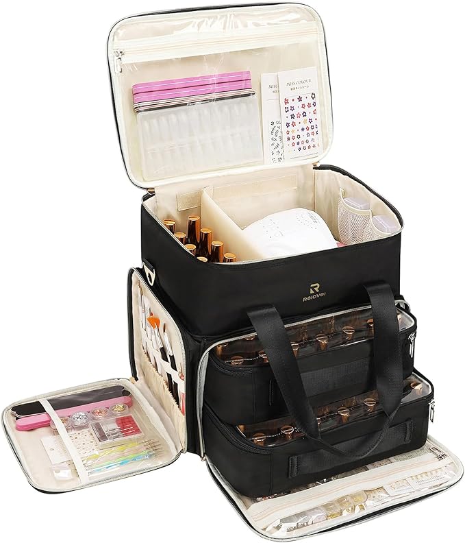 Relavel Nail Polish Organizer, Double Layer Nail Bag Holds 80-100 Bottles (15ml/0.5fl.oz) & Nail Lamp Nail Kit Storage Case, Extra Large Travel Nail Supplies Shoulder Bag for Manicure Tools (Black)