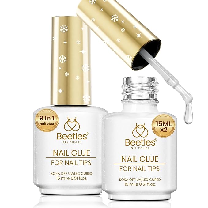 Beetles 2Pcs 15ml Gel Nail Glue, 9 In 1 UV Nail Glue for Acrylic Nail Tips, Super Strong Brush for Base Coat, Gift for Women, UV LED Light Required