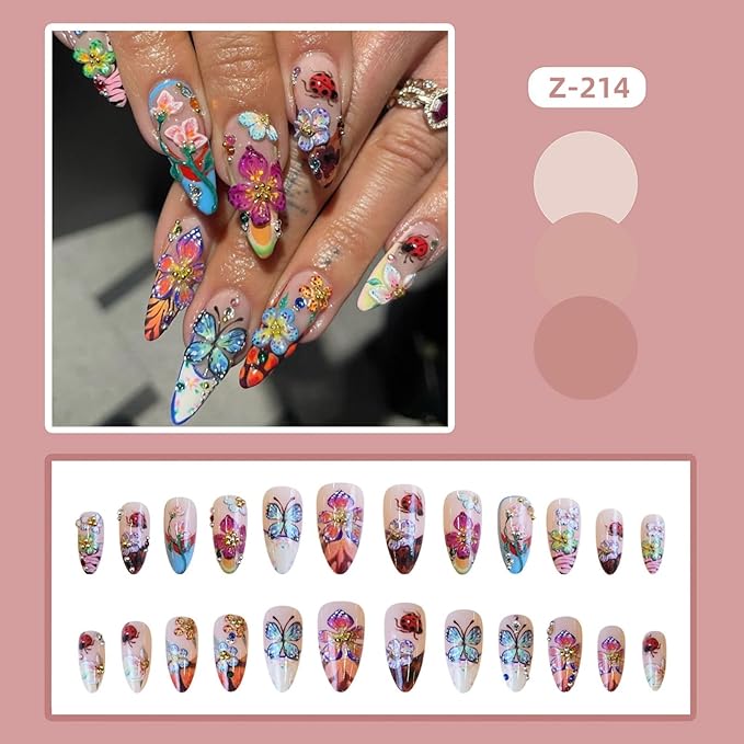 Long Press on Nails Almond Fake Nails French False Nails Flowers Artificial Nails with 3D Floral and Futterfly Designs Glossy Hanmade NailsColorful Stick on Nails for Women 24pcs
